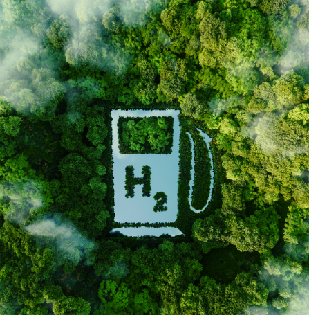 Ilustração da visão aérea de uma floresta com um lago em forma de tanque de gás hidrogênio.